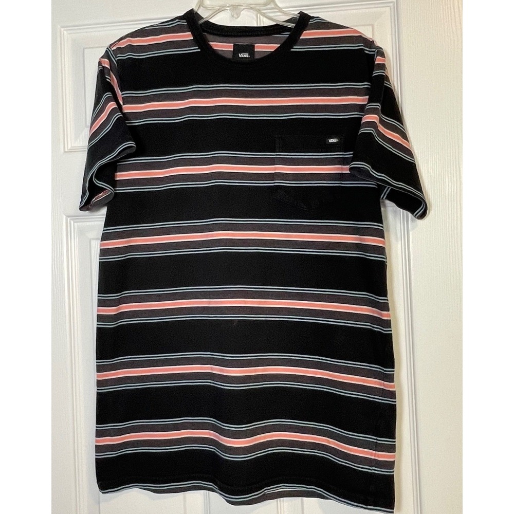 Vans Kids Boys Medium Striped Pocket T-Shirt Black Pink Blue Short Sleeve Cotton